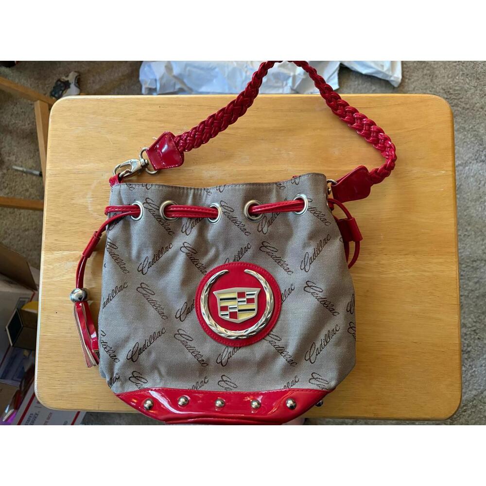 Cadillac Logo Drawstring Bucket Bag with Red Accents
